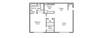 A floor plan of a house with a living room, dining room, kitchen, bathroom, and bedrooms.