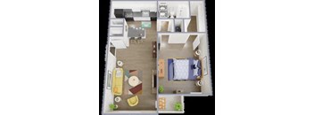 a 3d drawing of a house with a bedroom and a living room