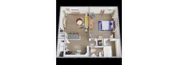 a 3d drawing of a house with a bedroom and a living room