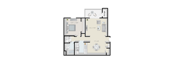 A floor plan of a house with a kitchen, living room, and bathroom.