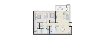 A floor plan of a house with a kitchen, living room, and two bedrooms.