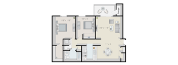 A floor plan of a house with a kitchen, living room, and two bedrooms.
