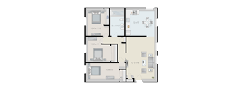 A floor plan of an apartment with a kitchen, living room, and two bedrooms.