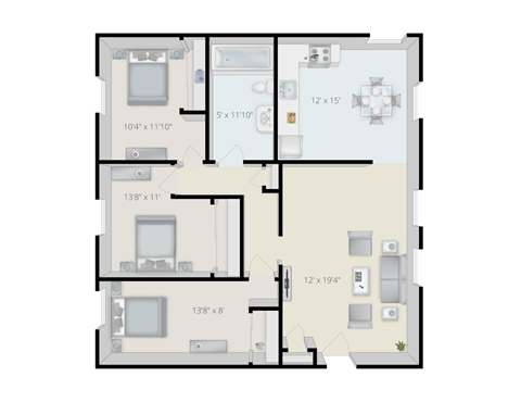 A floor plan of an apartment with a kitchen, living room, and two bedrooms.