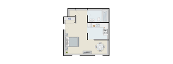 A floor plan of a house with a kitchen, living room, and two bedrooms.