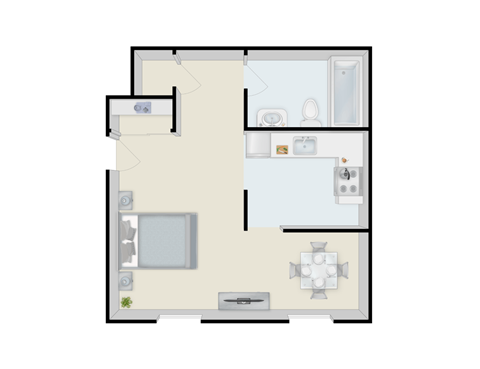 A floor plan of a house with a kitchen, living room, and two bedrooms.