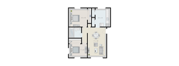 A floor plan of a house with a kitchen, living room, and two bedrooms.