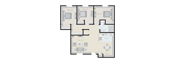 A floor plan of an apartment with three bedrooms and two bathrooms.