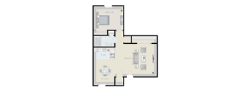 A floor plan of a house with a kitchen, living room, and two bedrooms.