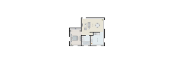 A floor plan of a house with a kitchen, living room, and two bathrooms.