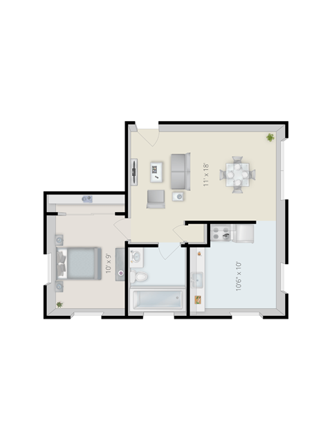 A floor plan of a house with a kitchen, living room, and two bathrooms.