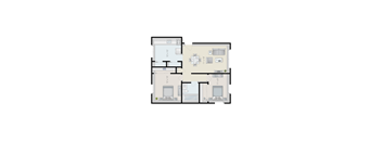 A floor plan of a two-bedroom apartment with a living room, kitchen, and bathroom.