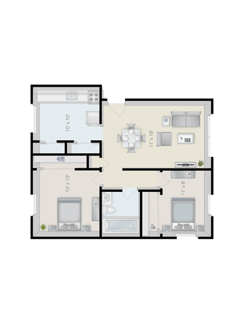 A floor plan of a two-bedroom apartment with a living room, kitchen, and bathroom.