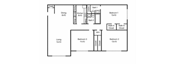A floor plan of a house with a living room, dining room, kitchen, two bathrooms, and three bedrooms.