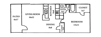 A floor plan of a house with a living room, dining room, kitchen, bathroom, bedroom, and patio.
