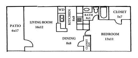 A floor plan of a house with a living room, dining room, kitchen, bathroom, bedroom, and patio.