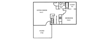 A floor plan of a house with a living room, bedroom, kitchen, and patio.