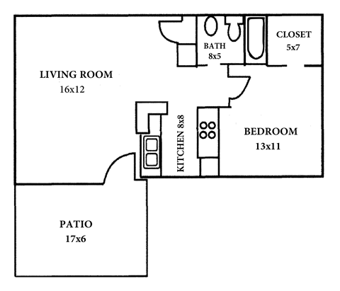 A floor plan of a house with a living room, bedroom, kitchen, and patio.