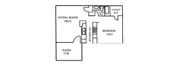 A floor plan of a small apartment with a living room, bedroom, kitchen, and bathroom.