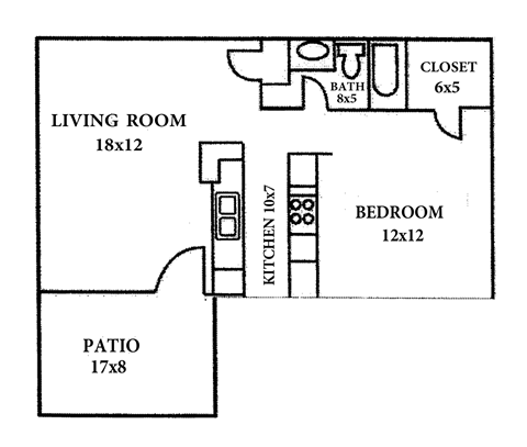 A floor plan of a small apartment with a living room, bedroom, kitchen, and bathroom.