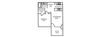A floor plan of a house with a living room, dining room, kitchen, bedroom, bathroom, closet, and patio.
