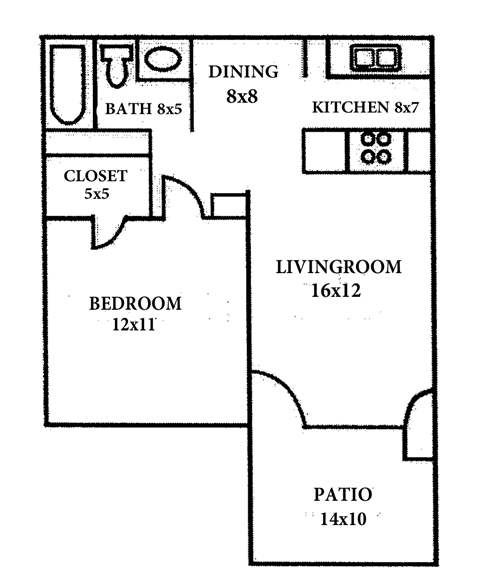 A floor plan of a house with a living room, dining room, kitchen, bedroom, bathroom, closet, and patio.