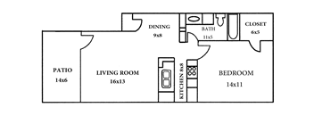 A floor plan of a house with a living room, dining room, kitchen, bathroom, bedroom, and patio.