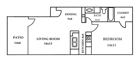 A floor plan of a house with a living room, dining room, kitchen, bathroom, bedroom, and patio.