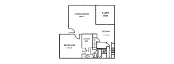 A floor plan of a house with a living room, dining room, bedroom, bathroom, kitchen, and patio.