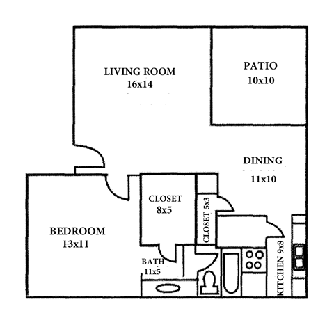 A floor plan of a house with a living room, dining room, bedroom, bathroom, kitchen, and patio.