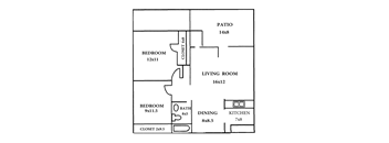 A floor plan of a house with a patio, living room, kitchen, two bedrooms, a bathroom and a closet.