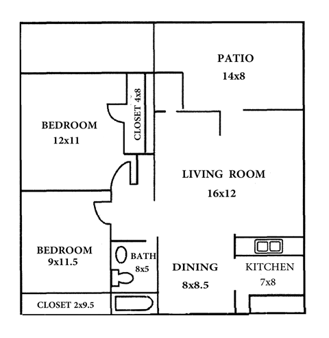 A floor plan of a house with a patio, living room, kitchen, two bedrooms, a bathroom and a closet.