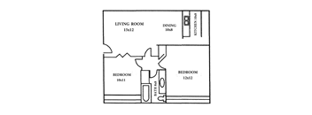 A drawing of a house layout with a living room, dining room, kitchen, and two bedrooms.