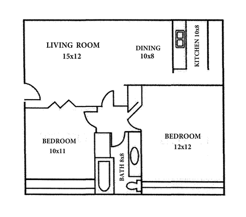 A drawing of a house layout with a living room, dining room, kitchen, and two bedrooms.