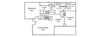 A floor plan of a house with a living room, two bedrooms, a dining room, and a kitchen.