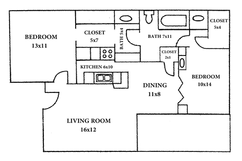 A floor plan of a house with a living room, two bedrooms, a dining room, and a kitchen.