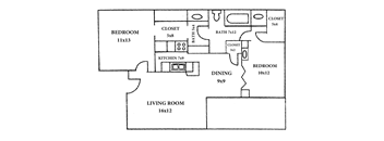 A floor plan of a house with a living room, two bedrooms, a dining room, a kitchen, and a bathroom.