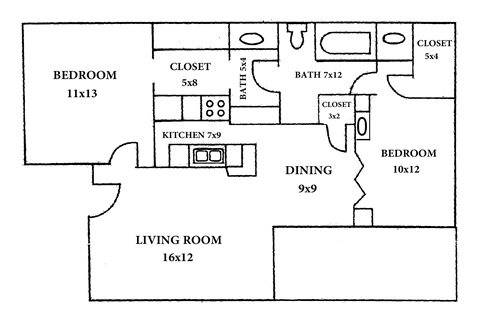 A floor plan of a house with a living room, two bedrooms, a dining room, a kitchen, and a bathroom.
