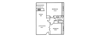 A floor plan of a home with a kitchen, dining room, living room, and two bedrooms.