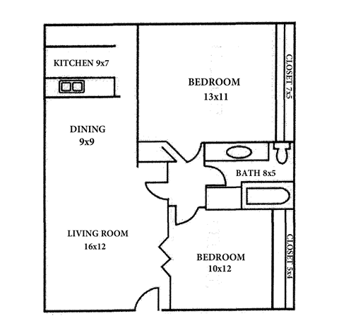 A floor plan of a home with a kitchen, dining room, living room, and two bedrooms.