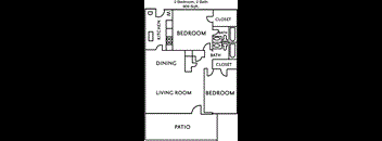 A floor plan of a 2 bedroom, 2 bath apartment sized 909 sqft.