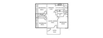 A floor plan of a house with two bedrooms, a living room, a dining room, a kitchen, a bathroom, a closet, and a patio.