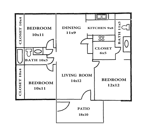 A floor plan of a house with two bedrooms, a living room, a dining room, a kitchen, a bathroom, a closet, and a patio.