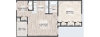 A floor plan of a house with a living room, dining room, kitchen, bedroom, and bathroom.