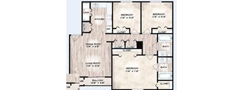 A floor plan of a house with labeled rooms and dimensions.