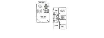 A floor plan of a small apartment with a living area, two bedrooms, a kitchen, and a bathroom.