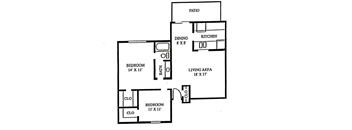 A floor plan of a home with a living area, two bedrooms, a dining area, a kitchen, and a patio.
