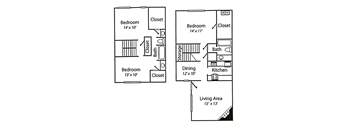 A floor plan of a two bedroom apartment with a living area.
