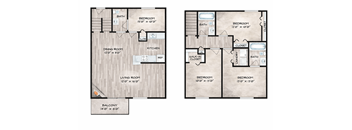 A floor plan of a two-story house with a balcony.