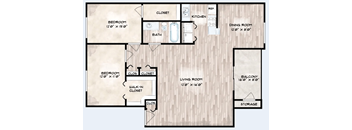 A floor plan of a house with two bedrooms, a living room, a kitchen, a dining room, a bath, a walk-in closet, and storage.
